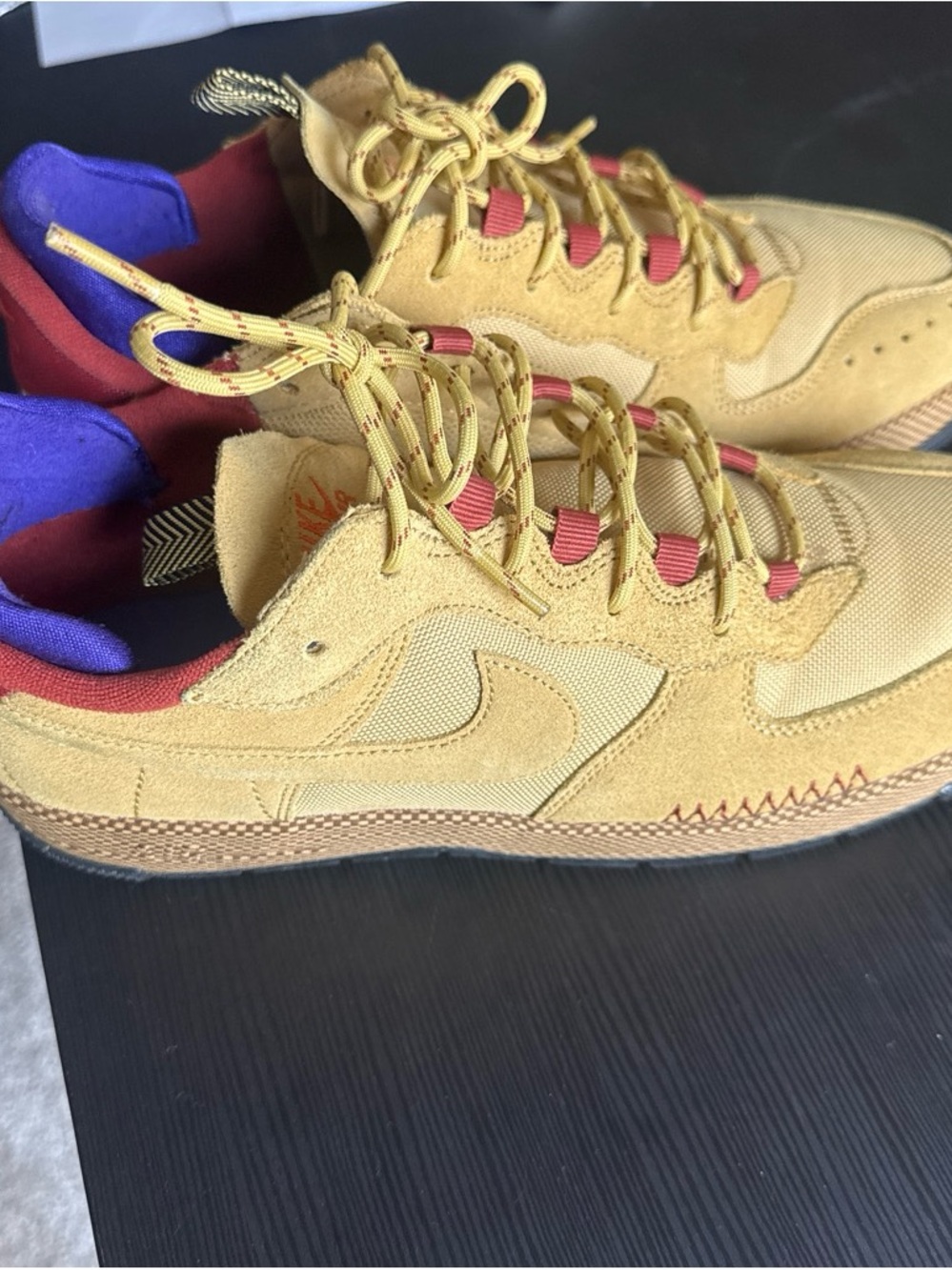 Nike Wheat Suede Low-Top Sneakers with Purple & Red Details